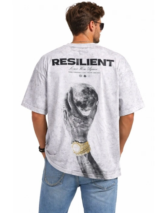 Erkek Asit Yıkamalı Oversize Tişört ön ve Arkası Baskılı %100 Pamuk Street Style T-Shirt - Beyaz