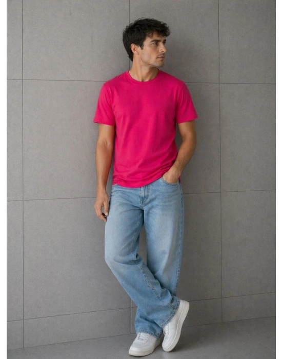 Erkek Basic Pamuklu Tişört Bisiklet Yaka Düz Renk Regular Fit T-Shirt - Fuşya