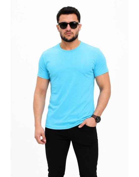 Erkek Basic Tişört Bisiklet Yaka Kısa Kol Günlük Yazlık Slim fit T-Shirt - Açık Mavi