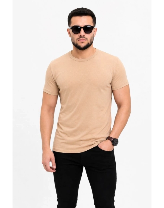Erkek Basic Tişört Bisiklet Yaka Kısa Kol Günlük Yazlık Slim fit T-Shirt - Bej