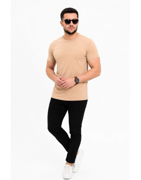 Erkek Basic Tişört Bisiklet Yaka Kısa Kol Günlük Yazlık Slim fit T-Shirt - Bej