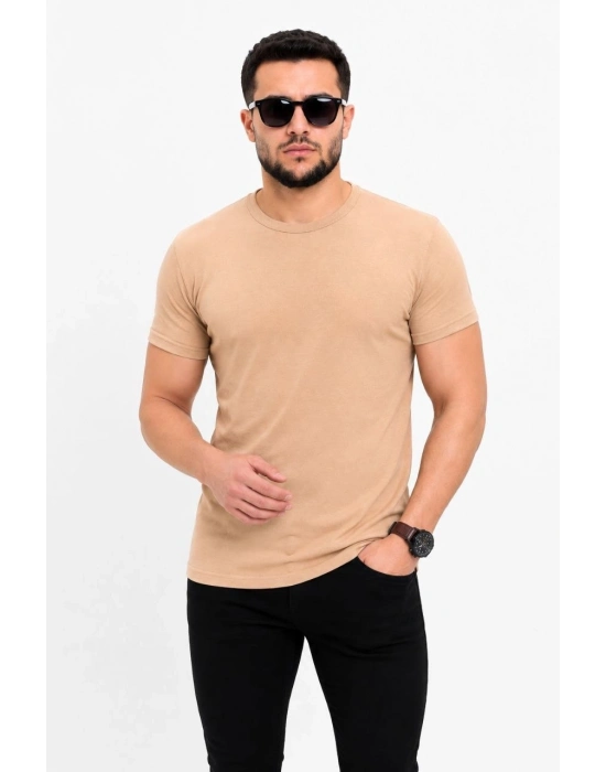 Erkek Basic Tişört Bisiklet Yaka Kısa Kol Günlük Yazlık Slim fit T-Shirt - Bej