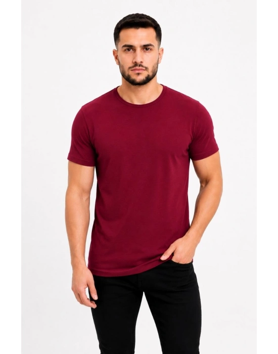 Erkek Basic Tişört Bisiklet Yaka Kısa Kol Günlük Yazlık Slim fit T-Shirt - Bordo