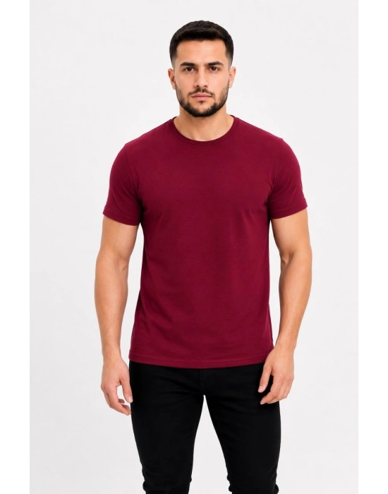 Erkek Basic Tişört Bisiklet Yaka Kısa Kol Günlük Yazlık Slim fit T-Shirt - Bordo