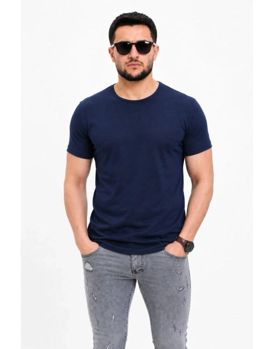 Erkek Basic Tişört Bisiklet Yaka Kısa Kol Günlük Yazlık Slim fit T-Shirt - Lacivert