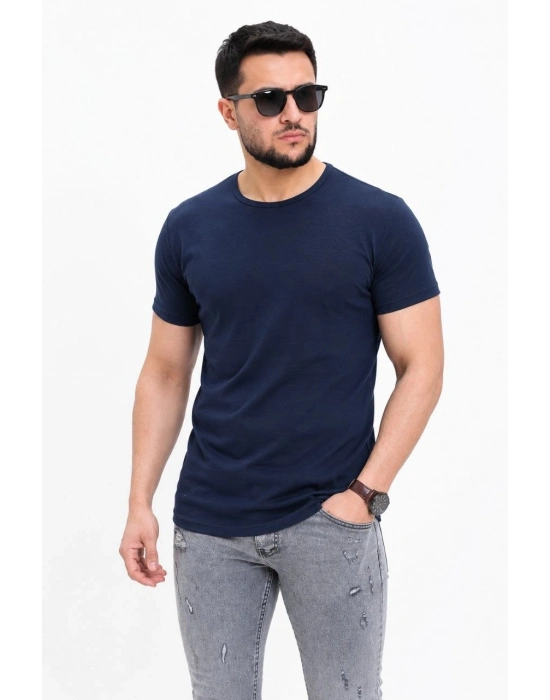 Erkek Basic Tişört Bisiklet Yaka Kısa Kol Günlük Yazlık Slim fit T-Shirt - Lacivert