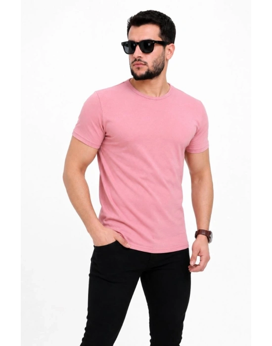 Erkek Basic Tişört Bisiklet Yaka Kısa Kol Günlük Yazlık Slim fit T-Shirt - Pembe
