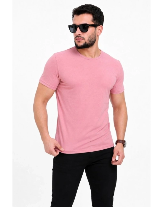 Erkek Basic Tişört Bisiklet Yaka Kısa Kol Günlük Yazlık Slim fit T-Shirt - Pembe