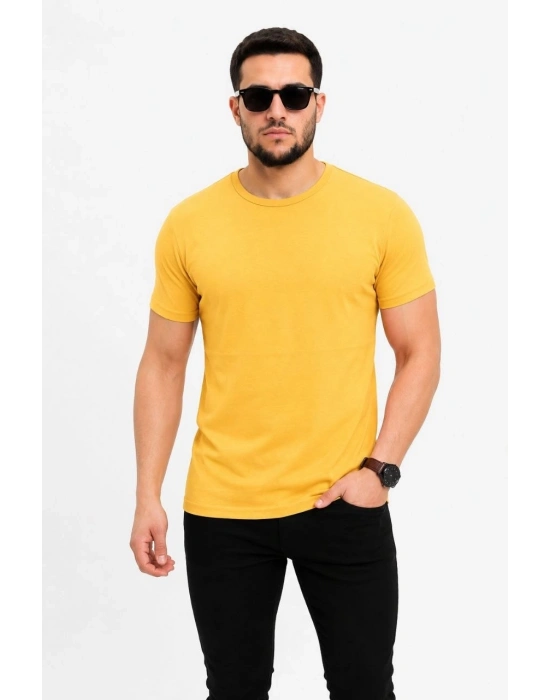 Erkek Basic Tişört Bisiklet Yaka Kısa Kol Günlük Yazlık Slim fit T-Shirt - Sarı