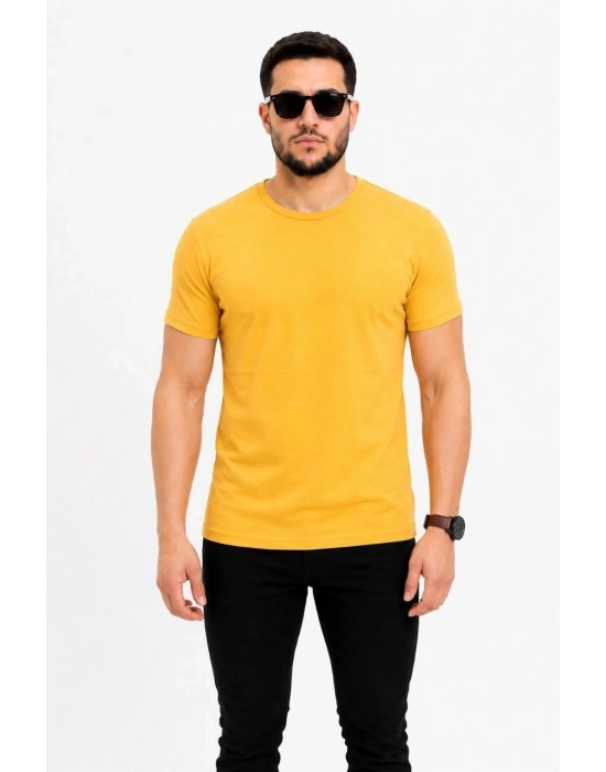 Erkek Basic Tişört Bisiklet Yaka Kısa Kol Günlük Yazlık Slim fit T-Shirt - Sarı
