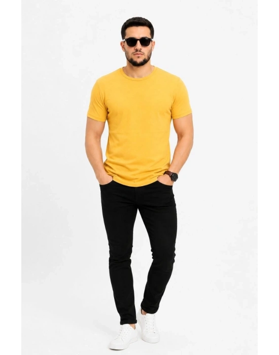 Erkek Basic Tişört Bisiklet Yaka Kısa Kol Günlük Yazlık Slim fit T-Shirt - Sarı