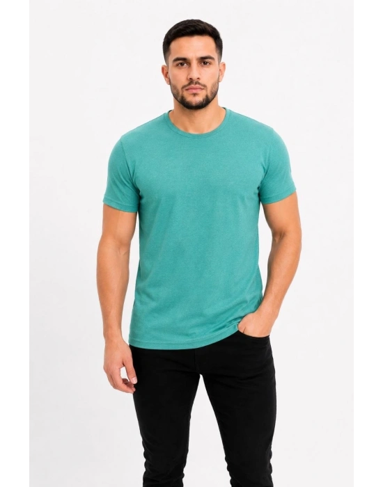 Erkek Basic Tişört Bisiklet Yaka Kısa Kol Günlük Yazlık Slim fit T-Shirt - Su Yeşili