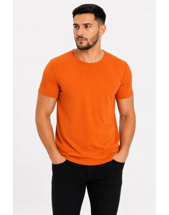 Erkek Basic Tişört Bisiklet Yaka Kısa Kol Günlük Yazlık Slim fit T-Shirt - Turuncu