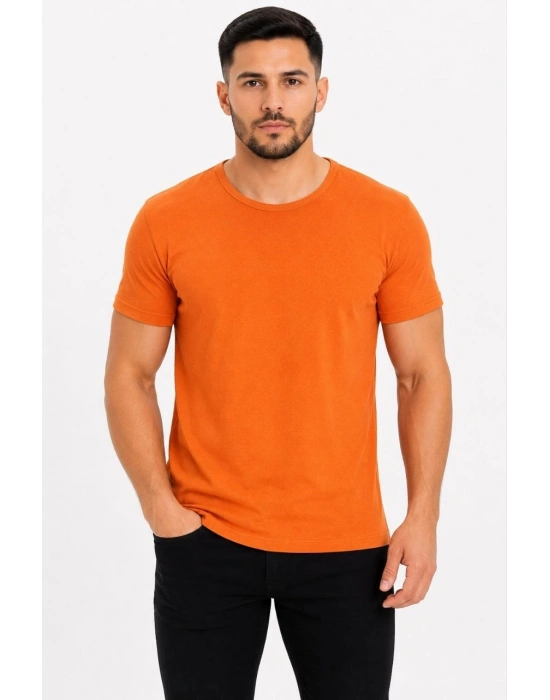 Erkek Basic Tişört Bisiklet Yaka Kısa Kol Günlük Yazlık Slim fit T-Shirt - Turuncu
