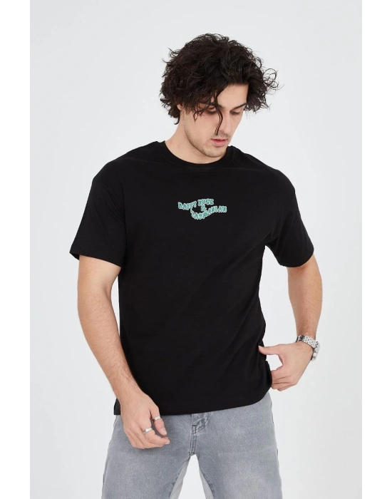 Erkek Baskılı T-Shirt Kısa Kol Bisiklet Yaka Regular Fit Rahat Kalıp Günlük Tişört - Siyah