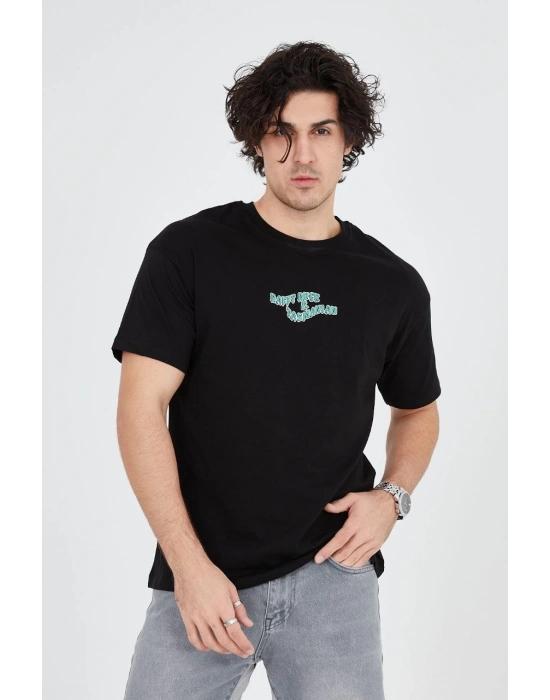 Erkek Baskılı T-Shirt Kısa Kol Bisiklet Yaka Regular Fit Rahat Kalıp Günlük Tişört - Siyah