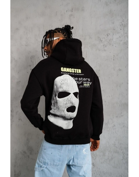 Erkek Baskılı Kapüşonlu 3 iplik pamuklu hoodie Sweatshirt - Siyah