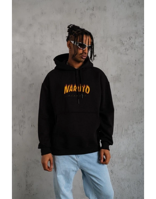 Erkek Baskılı Kapüşonlu 3 iplik pamuklu hoodie Sweatshirt - Siyah