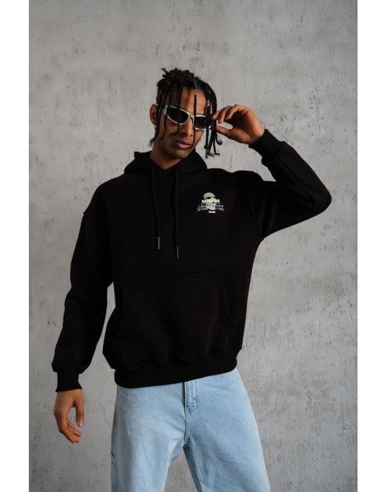Erkek Baskılı Kapüşonlu 3 iplik pamuklu hoodie Sweatshirt - Siyah