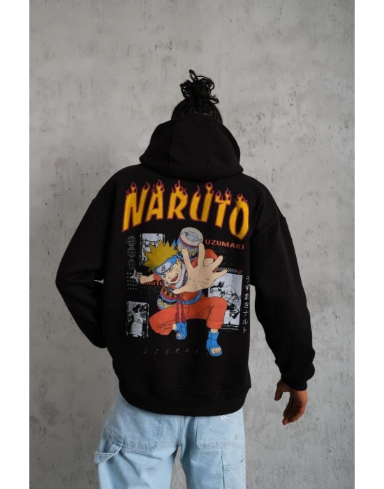 Erkek Baskılı Kapüşonlu 3 iplik pamuklu hoodie Sweatshirt - Siyah