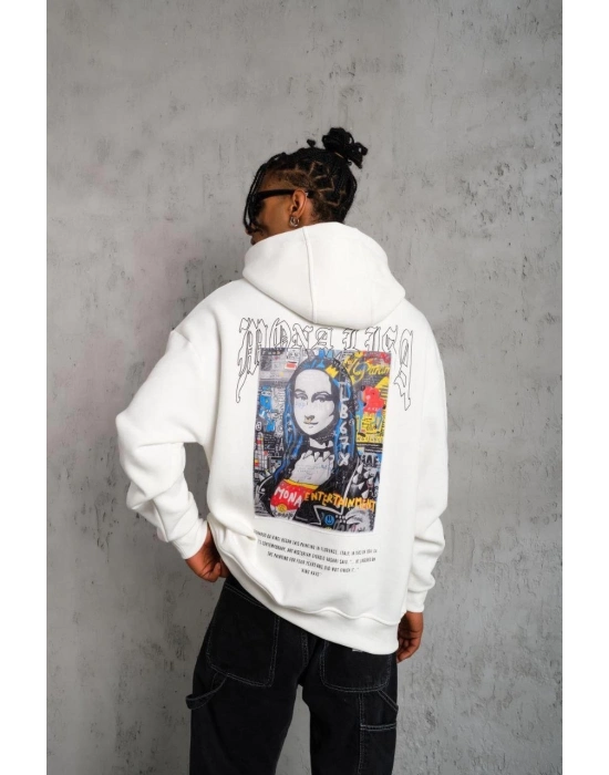 Erkek Baskılı Kapüşonlu ve Kanguru Cepli Sweatshirt hoodie - Beyaz