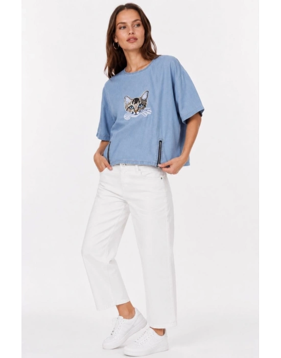 Erkek Baskılı T-Shirt Kısa Kol Bisiklet Yaka Rahat Kalıp Tişört - Mavi
