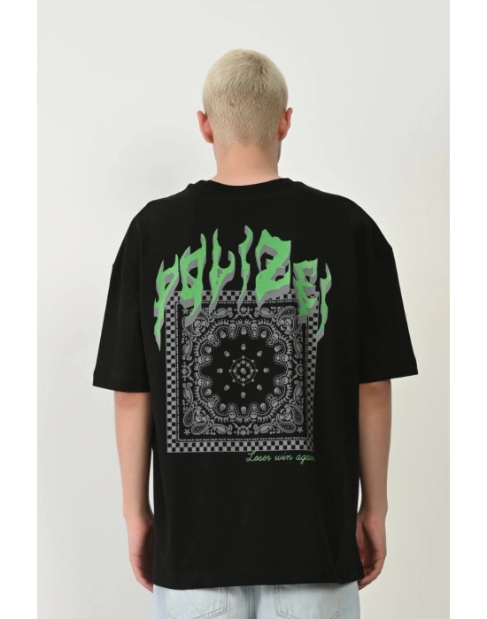 Erkek Baskılı T-Shirt Kısa Kol Bisiklet Yaka Rahat Kalıp Tişört  - Siyah