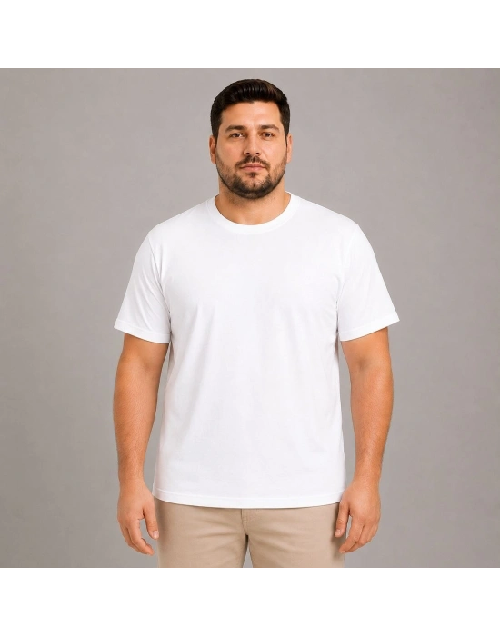 Erkek Battal Big Size Basic Tişört Bisiklet Yaka Rahat Kalıp T-Shirt - Beyaz