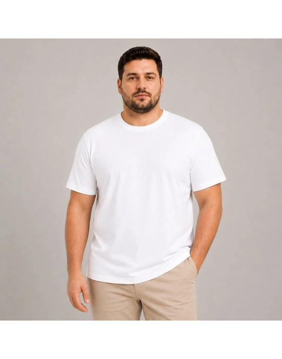 Erkek Battal Big Size Basic Tişört Bisiklet Yaka Rahat Kalıp T-Shirt - Beyaz