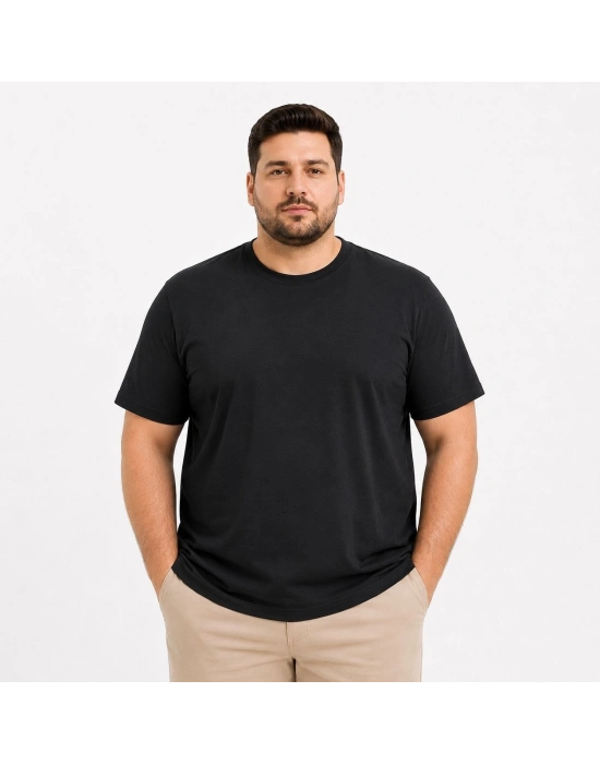 Erkek Battal Big Size Basic Tişört Bisiklet Yaka Rahat Kalıp T-Shirt - Siyah