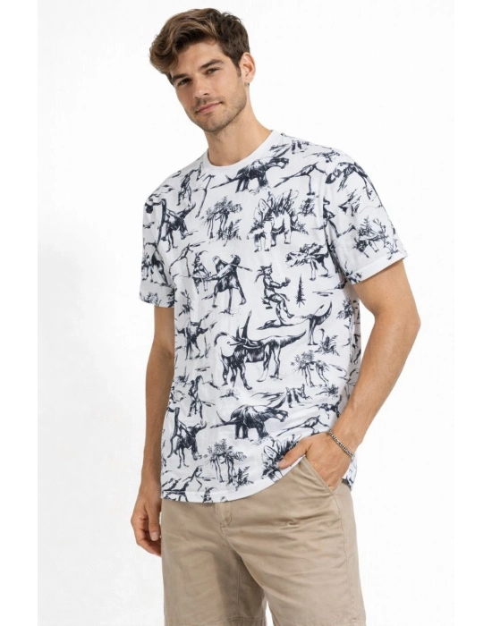 Erkek Beyaz Dinozor Desenli Tişört – Regular Fit, Bisiklet Yaka, Dijital Baskılı Pamuklu T-Shirt - Beyaz