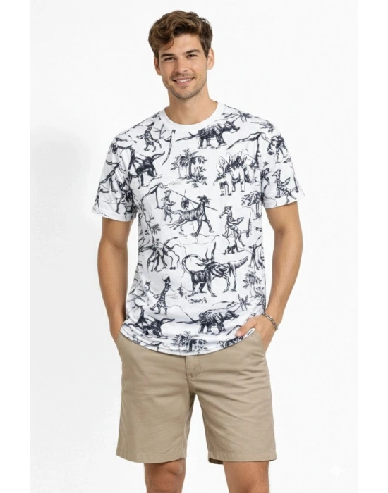Erkek Beyaz Dinozor Desenli Tişört – Regular Fit, Bisiklet Yaka, Dijital Baskılı Pamuklu T-Shirt - Beyaz