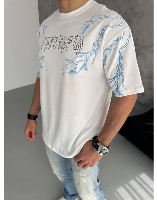 Erkek Bisiklet Yaka Tişört Yıldırım Şimşek Baskılı Kısa Kol T-Shirt - Beyaz