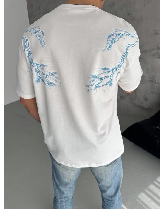 Erkek Bisiklet Yaka Tişört Yıldırım Şimşek Baskılı Kısa Kol T-Shirt - Beyaz