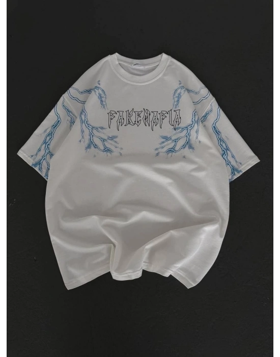 Erkek Bisiklet Yaka Tişört Yıldırım Şimşek Baskılı Kısa Kol T-Shirt - Beyaz