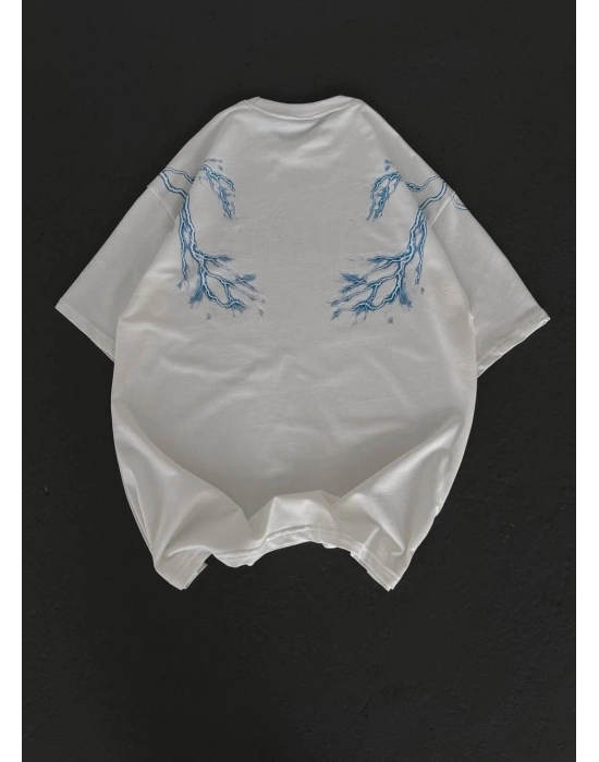 Erkek Bisiklet Yaka Tişört Yıldırım Şimşek Baskılı Kısa Kol T-Shirt - Beyaz