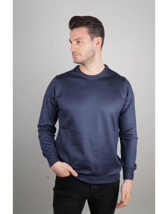 Erkek Bisiklet yaka Kazak Uzun Kol Dokuma Triko - Indigo