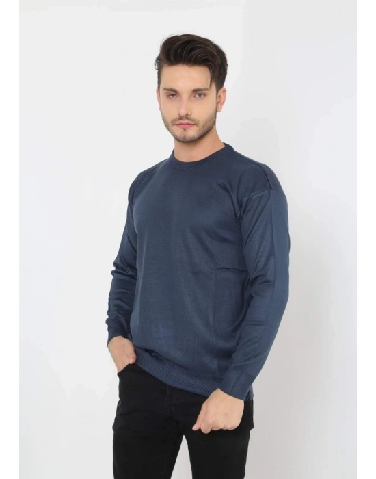 Erkek Bisiklet yaka Kazak Uzun Kol Dokuma Triko - Indigo