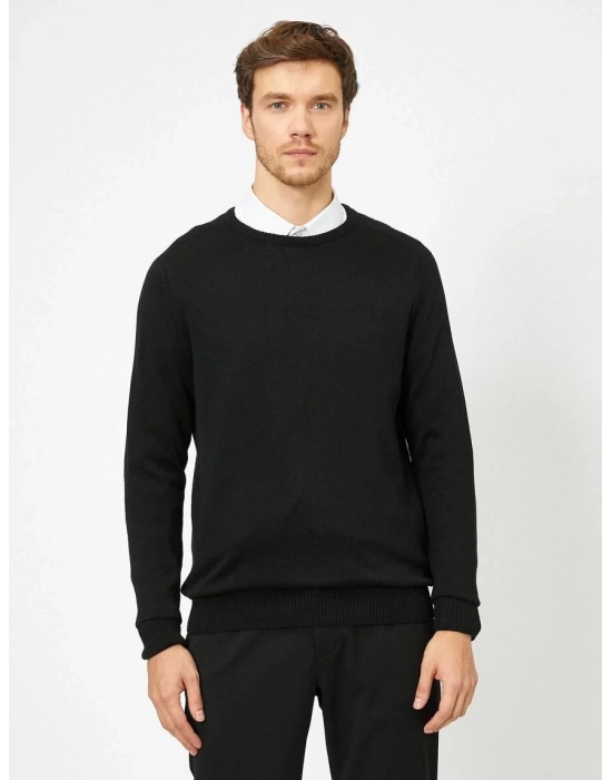 Erkek Bisiklet yaka Kazak Uzun Kol Dokuma Triko - Siyah