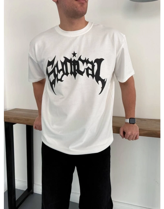 Erkek Bisiklet Yaka Ön Baskılı Kısa Kollu Tişört Streetwear Günlük Basic Pamuklu T-shirt - Beyaz