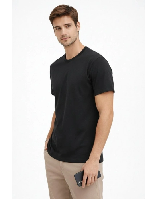 Erkek Bisiklet Yaka Yazlık Kısa kol Düz Tişört Regular Kalıp T-shirt - Siyah