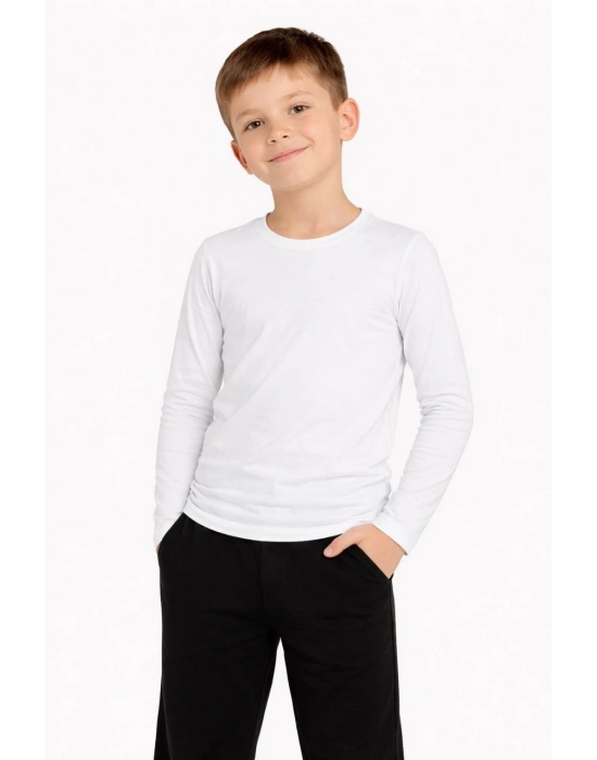 Erkek Çocuk Basic Uzun Kollu Tişört Okul Günlük Rahat T-Shirt - Beyaz