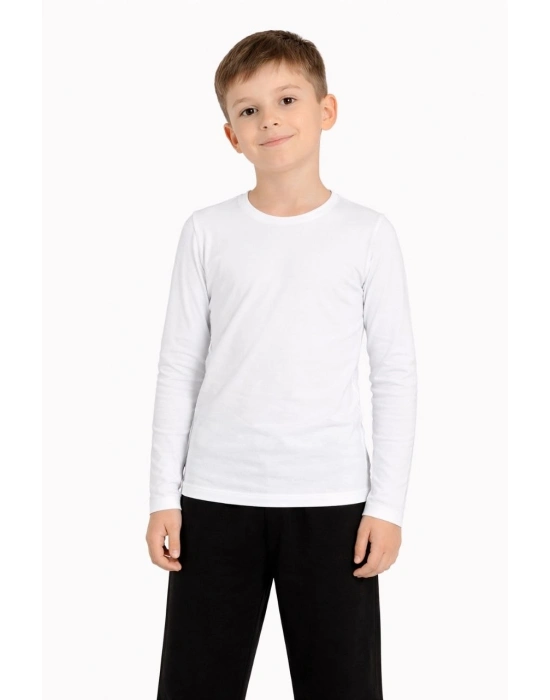 Erkek Çocuk Basic Uzun Kollu Tişört Okul Günlük Rahat T-Shirt - Beyaz