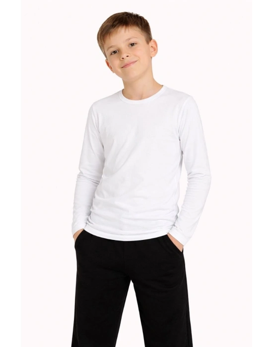 Erkek Çocuk Basic Uzun Kollu Tişört Okul Günlük Rahat T-Shirt - Beyaz