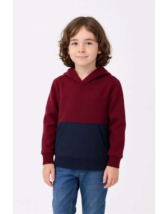 Erkek Çocuk Kapüşonlu Kanguru Cepli Parçalı SweatShirt - Renkli