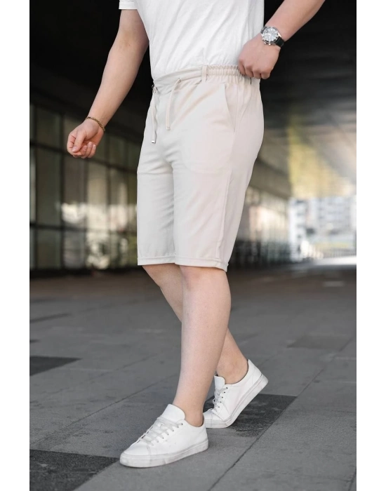 Erkek Diagonel Kumaş Duble Paça Cepli Bağcıklı Bel Lastikli ŞORT - Krem