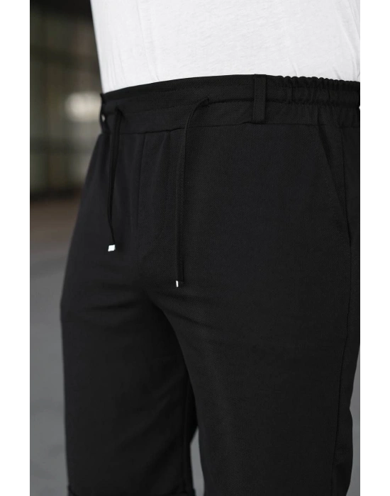 Erkek Diagonel Kumaş Duble Paça Cepli Bağcıklı Bel Lastikli ŞORT - Siyah