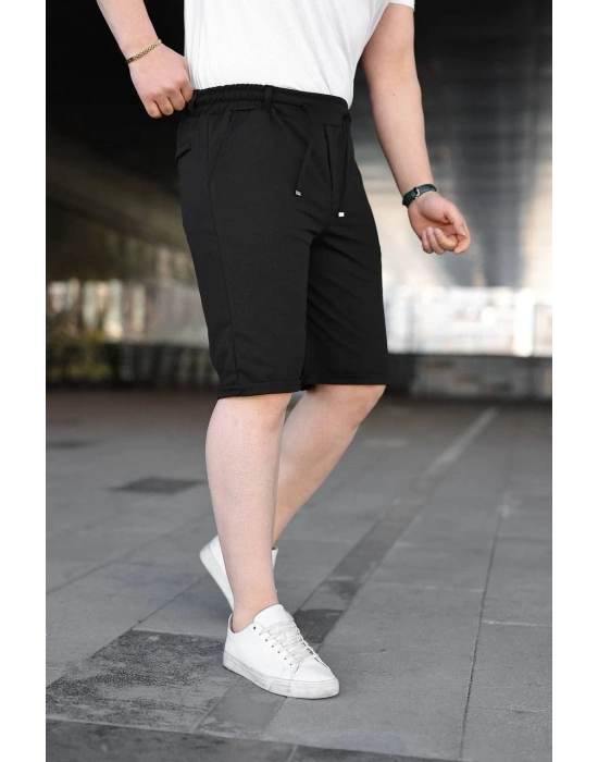 Erkek Diagonel Kumaş Duble Paça Cepli Bağcıklı Bel Lastikli ŞORT - Siyah