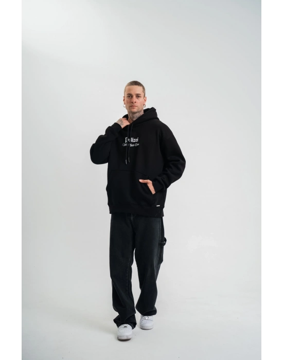Erkek Double Oversize Kapüşonlu Sweatshirt 3 İplik Pamuklu Göğüs Nakışlı Premium Kalite – Siyah