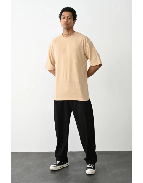 Erkek Tişört Düz Basic Penye Yazlık Bisiklet Yaka Kısa Kol T-Shirt - Bej